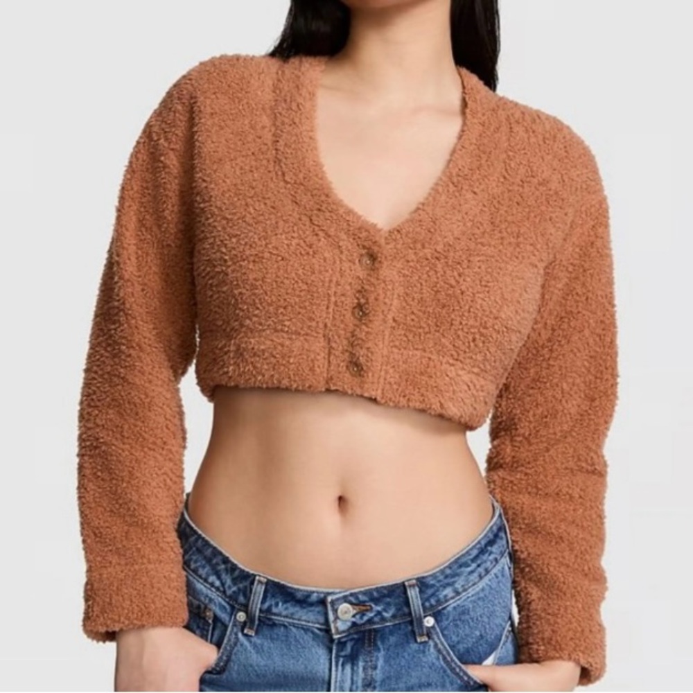 NWT PINK Brown Fuzzy Cropped Buttoned Sweater